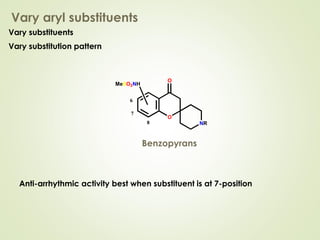 Vary aryl substituents
Anti-arrhythmic activity best when substituent is at 7-position
Benzopyrans
6
7
8
O
O
NR
MeSO2NH
Vary substituents
Vary substitution pattern
 