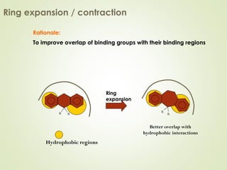 Rationale:
To improve overlap of binding groups with their binding regions
Ring expansion / contraction
Hydrophobic regions
R R
R
R
Ring
expansion
Better overlap with
hydrophobic interactions
 
