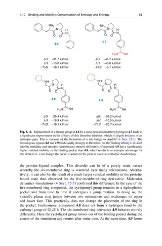 the protein–ligand complex. This disorder can be of a purely static nature
whereby the six-membered ring is scattered over many orientations. Alterna-
tively, it can also be the result of a much larger residual mobility in the protein-
bound state than observed for the five-membered-ring derivative. Molecular
dynamics simulations (▶ Sect. 15.7) confirmed this difference. In the case of the
five-membered ring compound, the cyclopentyl group remains in a hydrophobic
pocket and from time to time it undergoes a jump rotation. In doing so, the
virtually planar ring jumps between two orientations and exchanges its upper
and lower face. This practically does not change the placement of the ring in
the pocket. Furthermore, compound 4.8 does not form a hydrogen bond to the
carbonyl group of Gly216. The six-membered ring derivative 4.9 behaves entirely
differently. Here the cyclohexyl group moves out of the binding pocket during the
course of the simulation and returns after some time. At the same time, 4.9 forms
N
O O
N
H
NH2
4.6
N
H
N
O O
NH2
H2N NH
4.7
N
H
N
O O
NH
NH
H2N
4.8
N
H
N
O O
NH
H2N NH
4.9
ΔG: −31.7 kJ/mol
ΔH: −13.6 kJ/mol
−TΔS: −18.1 kJ/mol
ΔG: −46.7 kJ/mol
ΔH: −40.6 kJ/mol
−TΔS: −6.1 kJ/mol
ΔG: −36.2 kJ/mol
ΔH: −10.5 kJ/mol
−TΔS: −25.7 kJ/mol
ΔG: −35.4 kJ/mol
ΔH: −16.9 kJ/mol
−TΔS: −18.5 kJ/mol
Fig. 4.13 Replacement of a phenyl group in 4.6 by a para-benzamidinophenyl group in 4.7 leads to
a significant improvement in the affinity of this thrombin inhibitor, which is largely because of an
enthalpic gain. This is because of the formation of a salt bridge to Asp189 (▶ Sect. 23.3). The
homologous ligands 4.8 and 4.9 bind equally strongly to thrombin, but the binding affinity is divided
into the enthalpic and entropic contributions entirely differently. Compound 4.9 has a significantly
higher residual mobility in the binding pocket than 4.8, which results in an entropic advantage for
this derivative, even though the poorer contacts to the protein cause an enthalpic disadvantage.
4.10 Binding and Mobility: Compensation of Enthalpy and Entropy 83
 