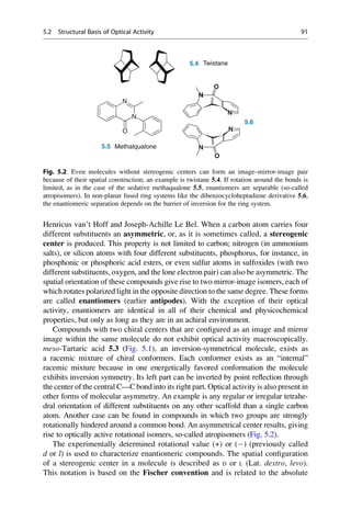 Henricus van’t Hoff and Joseph-Achille Le Bel. When a carbon atom carries four
different substituents an asymmetric, or, as it is sometimes called, a stereogenic
center is produced. This property is not limited to carbon; nitrogen (in ammonium
salts), or silicon atoms with four different substituents, phosphorus, for instance, in
phosphonic or phosphoric acid esters, or even sulfur atoms in sulfoxides (with two
different substituents, oxygen, and the lone electron pair) can also be asymmetric. The
spatial orientation of these compounds give rise to two mirror-image isomers, each of
which rotates polarized light in the opposite direction to the same degree. These forms
are called enantiomers (earlier antipodes). With the exception of their optical
activity, enantiomers are identical in all of their chemical and physicochemical
properties, but only as long as they are in an achiral environment.
Compounds with two chiral centers that are configured as an image and mirror
image within the same molecule do not exhibit optical activity macroscopically.
meso-Tartaric acid 5.3 (Fig. 5.1), an inversion-symmetrical molecule, exists as
a racemic mixture of chiral conformers. Each conformer exists as an “internal”
racemic mixture because in one energetically favored conformation the molecule
exhibits inversion symmetry. Its left part can be inverted by point reflection through
the center of the central C—C bond into its right part. Optical activity is also present in
other forms of molecular asymmetry. An example is any regular or irregular tetrahe-
dral orientation of different substituents on any other scaffold than a single carbon
atom. Another case can be found in compounds in which two groups are strongly
rotationally hindered around a common bond. An asymmetrical center results, giving
rise to optically active rotational isomers, so-called atropisomers (Fig. 5.2).
The experimentally determined rotational value (+) or () (previously called
d or l) is used to characterize enantiomeric compounds. The spatial configuration
of a stereogenic center in a molecule is described as D or L (Lat. dextro, levo).
This notation is based on the Fischer convention and is related to the absolute
5.4 Twistane
Methalqualone
N
O
N
N
N
5.6
N
O
5.5
N
N
O
Fig. 5.2 Even molecules without stereogenic centers can form an image–mirror-image pair
because of their spatial construction; an example is twistane 5.4. If rotation around the bonds is
limited, as in the case of the sedative methaqualone 5.5, enantiomers are separable (so-called
atropisomers). In non-planar fused ring systems like the dibenzocycloheptadiene derivative 5.6,
the enantiomeric separation depends on the barrier of inversion for the ring system.
5.2 Structural Basis of Optical Activity 91
 