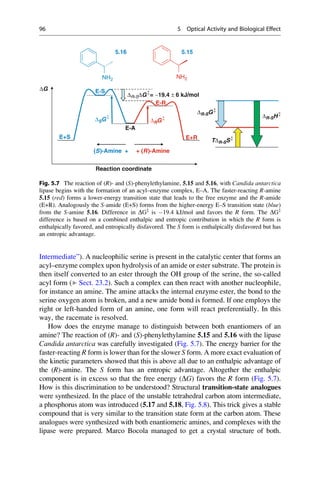 Intermediate”). A nucleophilic serine is present in the catalytic center that forms an
acyl–enzyme complex upon hydrolysis of an amide or ester substrate. The protein is
then itself converted to an ester through the OH group of the serine, the so-called
acyl form (▶ Sect. 23.2). Such a complex can then react with another nucleophile,
for instance an amine. The amine attacks the internal enzyme ester, the bond to the
serine oxygen atom is broken, and a new amide bond is formed. If one employs the
right or left-handed form of an amine, one form will react preferentially. In this
way, the racemate is resolved.
How does the enzyme manage to distinguish between both enantiomers of an
amine? The reaction of (R)- and (S)-phenylethylamine 5.15 and 5.16 with the lipase
Candida antarctica was carefully investigated (Fig. 5.7). The energy barrier for the
faster-reacting R form is lower than for the slower S form. A more exact evaluation of
the kinetic parameters showed that this is above all due to an enthalpic advantage of
the (R)-amine. The S form has an entropic advantage. Altogether the enthalpic
component is in excess so that the free energy (DG) favors the R form (Fig. 5.7).
How is this discrimination to be understood? Structural transition-state analogues
were synthesized. In the place of the unstable tetrahedral carbon atom intermediate,
a phosphorus atom was introduced (5.17 and 5.18, Fig. 5.8). This trick gives a stable
compound that is very similar to the transition state form at the carbon atom. These
analogues were synthesized with both enantiomeric amines, and complexes with the
lipase were prepared. Marco Bocola managed to get a crystal structure of both.
E-R
E-S
ΔG
ΔR-SG
ΔR-SH
E-A
TΔR-SS
E+S
+ (R)-Amine
(S)-Amine +
E+R
Reaction coordinate
NH2
5.15
NH2
5.16
ΔSG ΔRG
ΔR-SΔG = −19.4 ± 6 kJ/mol
Fig. 5.7 The reaction of (R)- and (S)-phenylethylamine, 5.15 and 5.16, with Candida antarctica
lipase begins with the formation of an acyl–enzyme complex, E–A. The faster-reacting R-amine
5.15 (red) forms a lower-energy transition state that leads to the free enzyme and the R-amide
(E+R). Analogously the S-amide (E+S) forms from the higher-energy E–S transition state (blue)
from the S-amine 5.16. Difference in DG{
is 19.4 kJ/mol and favors the R form. The DG{
difference is based on a combined enthalpic and entropic contribution in which the R form is
enthalpically favored, and entropically disfavored. The S form is enthalpically disfavored but has
an entropic advantage.
96 5 Optical Activity and Biological Effect
 