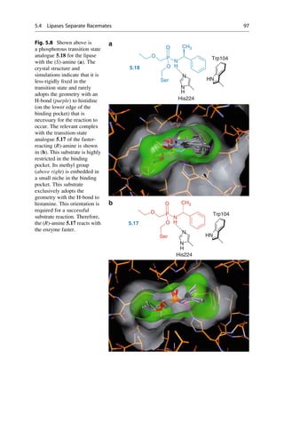 O
a
N
H
CH3
P
O
O
O
5.18
Trp104
Ser HN
N
N
H
His224
N
H
CH3
P
O
O
O
5.17
b
Trp104
Ser HN
N
N
H
His224
Fig. 5.8 Shown above is
a phosphorous transition state
analogue 5.18 for the lipase
with the (S)-amine (a). The
crystal structure and
simulations indicate that it is
less-rigidly fixed in the
transition state and rarely
adopts the geometry with an
H-bond (purple) to histidine
(on the lower edge of the
binding pocket) that is
necessary for the reaction to
occur. The relevant complex
with the transition-state
analogue 5.17 of the faster-
reacting (R)-amine is shown
in (b). This substrate is highly
restricted in the binding
pocket. Its methyl group
(above right) is embedded in
a small niche in the binding
pocket. This substrate
exclusively adopts the
geometry with the H-bond to
histamine. This orientation is
required for a successful
substrate reaction. Therefore,
the (R)-amine 5.17 reacts with
the enzyme faster.
5.4 Lipases Separate Racemates 97
 