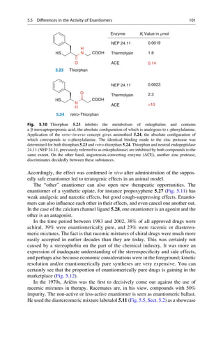 Accordingly, the effect was confirmed in vivo after administration of the suppos-
edly safe enantiomer led to teratogenic effects in an animal model.
The “other” enantiomer can also open new therapeutic opportunities. The
enantiomer of a synthetic opiate, for instance propoxyphene 5.27 (Fig. 5.11) has
weak analgesic and narcotic effects, but good cough-suppressing effects. Enantio-
mers can also influence each other in their effects, and even cancel one another out.
In the case of the calcium channel ligand 5.28, one enantiomer is an agonist and the
other is an antagonist.
In the time period between 1983 and 2002, 38% of all approved drugs were
achiral, 39% were enantiomerically pure, and 23% were racemic or diastereo-
meric mixtures. The fact is that racemic mixtures of chiral drugs were much more
easily accepted in earlier decades than they are today. This was certainly not
caused by a stereophobia on the part of the chemical industry. It was more an
expression of inadequate understanding of the stereospecificity and side effects,
and perhaps also because economic considerations were in the foreground; kinetic
resolution and/or enantiomerically pure syntheses are very expensive. You can
certainly see that the proportion of enantiomerically pure drugs is gaining in the
marketplace (Fig. 5.12).
In the 1970s, Ariëns was the first to decisively come out against the use of
racemic mixtures in therapy. Racemates are, in his view, compounds with 50%
impurity. The non-active or less-active enantiomer is seen as enantiomeric ballast.
He used the diastereomeric mixture labetalol 5.11 (Fig. 5.5, Sect. 5.2) as a showcase
Enzyme Ki Value in mmol
HS N COOH
NEP 24.11
Thermolysin
0.0019
1.8
H
O ACE
5.23 Thiorphan
0.14
NEP 24.11 0.0023
HS
N
COOH
O
Thermolysin
ACE
2.3
ACE
5.24 retro -Thiorphan
10
H
Fig. 5.10 Thiorphan 5.23 inhibits the metabolism of enkephalins and contains
a b-mercaptopropionic acid, the absolute configuration of which is analogous to L-phenylalanine.
Application of the retro–inverso concept gives aminothiol 5.24, the absolute configuration of
which corresponds to D-phenylalanine. The identical binding mode to the zinc protease was
determined for both thiorphan 5.23 and retro-thiorphan 5.24. Thiorphan and neutral endopeptidase
24.11 (NEP 24.11, previously referred to as enkephalinase) are inhibited by both compounds to the
same extent. On the other hand, angiotensin-converting enzyme (ACE), another zinc protease,
discriminates decidedly between these substances.
5.5 Differences in the Activity of Enantiomers 101
 