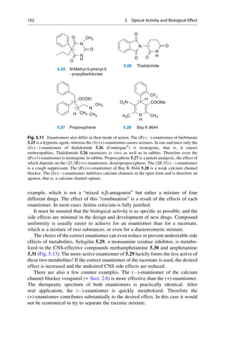 example, which is not a “mixed a,b-antagonist” but rather a mixture of four
different drugs. The effect of this “combination” is a result of the effects of each
enantiomer. In most cases Ariëns criticism is fully justified.
It must be ensured that the biological activity is as specific as possible, and the
side effects are minimal in the design and development of new drugs. Compound
uniformity is usually easier to achieve for an enantiomer than for a racemate,
which is a mixture of two substances, or even for a diastereomeric mixture.
The choice of the correct enantiomer can even reduce or prevent undesirable side
effects of metabolites. Selegilin 5.29, a monoamine oxidase inhibitor, is metabo-
lized to the CNS-effective compounds methamphetamine 5.30 and amphetamine
5.31 (Fig. 5.13). The more-active enantiomer of 5.29 luckily forms the less active of
these two metabolites! If the correct enantiomer of the racemate is used, the desired
effect is increased and the undesired CNS side effects are reduced.
There are also a few counter examples. The ()-enantiomer of the calcium
channel blocker verapamil (▶ Sect. 2.6) is more effective than the (+)-enantiomer.
The therapeutic spectrum of both enantiomers is practically identical. After
oral application, the ()-enantiomer is quickly metabolized. Therefore the
(+)-enantiomer contributes substantially to the desired effect. In this case it would
not be economical to try to separate the racemic mixture.
N
O CH3
N
O
*
N
H
O
O
N
N
H
O
O
O
*
5.25 N-Methyl-5-phenyl-5
- propylbarbiturate
5.26 Thalidomide
CF3
H
OCOEt
* *
N
H
COOMe
H3C CH3
H
N
CH3
CH3
CH3
*
O2N
5.27 Propoxyphene 5.28 Bay K 8644
Fig. 5.11 Enantiomers also differ in their mode of action. The (R)-()-enantiomer of barbiturate
5.25 is a hypnotic agent, whereas the (S)-(+)-enantiomer causes seizures. In rats and mice only the
(S)-()-enantiomer of thalidomide 5.26 (Contergan®
) is teratogenic, that is, it causes
embryopathies. Thalidomide 5.26 racemizes in vitro as well as in rabbits. Therefore even the
(R)-(+)-enantiomer is teratogenic in rabbits. Propoxyphene 5.27 is a potent analgesic, the effect of
which depends on the (2S,3R)-(+) enantiomer, dextropropoxyphene. The (2R,3S)-()-enantiomer
is a cough suppressant. The (R)-(+)-enantiomer of Bay K 8644 5.28 is a weak calcium channel
blocker. The (S)-()-enantiomer stabilizes calcium channels in the open form and is therefore an
agonist, that is, a calcium channel opener.
102 5 Optical Activity and Biological Effect
 
