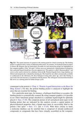 counterpart in the protein (▶ Chap. 4, “Protein–Ligand Interactions as the Basis for
Drug Action”). For this, the protein binding pocket is analyzed to highlight the
areas that are essential for binding.
For a particular atom type, for instance, a hydrogen-bond donor or acceptor, the
binding pocket is systematically scanned. By using computer graphics, it is possible
to see where functional groups attached to a candidate ligand might be optimally
placed (▶ Sect. 17.10). The composite picture of all such placed atom types in the
binding pocket that are indicated by this analysis reveals a spatial pattern of
physicochemical properties that a ligand must meet to successfully bind to the
protein (“hot spots” ▶ Sect. 17.1 and ▶ 17.10). With these criteria in hand,
a molecular database can be searched that is composed of already-synthesized
compounds or compounds that have been virtually assembled on the computer.
1 2 3 4 5 6
−2
−1
0
1
2
3
Computer
Screening
a
b
c
O
OH
OAc
d
e
f
g
h
Fig. 7.3 The spatial structure of a protein is the starting point for virtual screening (a). The binding
pocket is explored with a variety of different probe atoms, for instance, for hydrogen bond acceptors
or donors (b). Regions that are particularly favorable for such interacting groups are highlighted on
the computer graphics. If the “hot spots” in these areas are summarized, a spatial pattern of properties
that a potential ligand should have become apparent (c). This pattern is called “pharmacophore” and
serves as the search criterion for a database retrieval (d). Potential ligands from a large database are
filtered and energetically evaluated by docking (e). The found hits are either commercially available
or synthesized in the laboratory (f). Next biological testing takes place (g), and if the binding is
successful, the lead structure is crystallized with the protein. The subsequent structural determination
(h) serves as a starting point for further design cycles.
7.6 In Silico Screening of Virtual Libraries 137
 