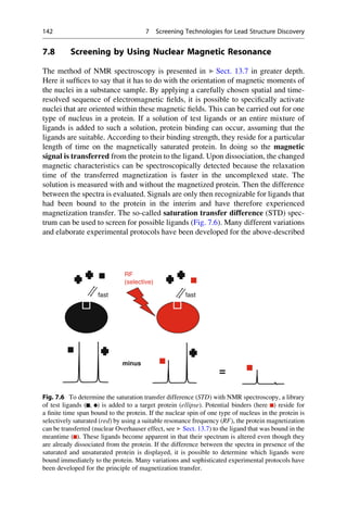 7.8 Screening by Using Nuclear Magnetic Resonance
The method of NMR spectroscopy is presented in ▶ Sect. 13.7 in greater depth.
Here it suffices to say that it has to do with the orientation of magnetic moments of
the nuclei in a substance sample. By applying a carefully chosen spatial and time-
resolved sequence of electromagnetic fields, it is possible to specifically activate
nuclei that are oriented within these magnetic fields. This can be carried out for one
type of nucleus in a protein. If a solution of test ligands or an entire mixture of
ligands is added to such a solution, protein binding can occur, assuming that the
ligands are suitable. According to their binding strength, they reside for a particular
length of time on the magnetically saturated protein. In doing so the magnetic
signal is transferred from the protein to the ligand. Upon dissociation, the changed
magnetic characteristics can be spectroscopically detected because the relaxation
time of the transferred magnetization is faster in the uncomplexed state. The
solution is measured with and without the magnetized protein. Then the difference
between the spectra is evaluated. Signals are only then recognizable for ligands that
had been bound to the protein in the interim and have therefore experienced
magnetization transfer. The so-called saturation transfer difference (STD) spec-
trum can be used to screen for possible ligands (Fig. 7.6). Many different variations
and elaborate experimental protocols have been developed for the above-described
RF
(selective)
fast
fast
minus
=
Fig. 7.6 To determine the saturation transfer difference (STD) with NMR spectroscopy, a library
of test ligands ( , ) is added to a target protein (ellipse). Potential binders (here ) reside for
a finite time span bound to the protein. If the nuclear spin of one type of nucleus in the protein is
selectively saturated (red) by using a suitable resonance frequency (RF), the protein magnetization
can be transferred (nuclear Overhauser effect, see ▶ Sect. 13.7) to the ligand that was bound in the
meantime ( ). These ligands become apparent in that their spectrum is altered even though they
are already dissociated from the protein. If the difference between the spectra in presence of the
saturated and unsaturated protein is displayed, it is possible to determine which ligands were
bound immediately to the protein. Many variations and sophisticated experimental protocols have
been developed for the principle of magnetization transfer.
142 7 Screening Technologies for Lead Structure Discovery
 