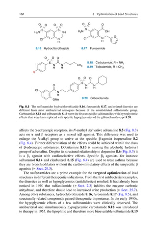 affects the a-adrenergic receptors, its N-methyl derivative adrenaline 8.5 (Fig. 8.3)
acts on a and b receptors as a mixed a/b agonist. This difference was used to
enlarge the N-alkyl group to arrive at the specific b-agonist isoprenaline 8.2
(Fig. 8.4). Further differentiation of the effects could be achieved within the class
of b-adrenergic substances. Dobutamine 8.13 is missing the alcoholic hydroxyl
group of adrenaline. Despite its structural relationship to dopamine 8.6 (Fig. 8.3) it
is a b1 agonist with cardioselective effects. Specific b2 agonists, for instance
salbutamol 8.14 and clenbuterol 8.15 (Fig. 8.4) are used to treat asthma because
they are bronchiodilators without the cardio-stimulatory effects of the unspecific b
agonists (▶ Sect. 29.3).
The sulfonamides are a prime example for the targeted optimization of lead
structures in different therapeutic indications. From the first antibacterial examples,
the diuretics as well as hypoglycemics (antidiabetics) resulted. It had already been
noticed in 1940 that sulfanilamide (▶ Sect. 2.3) inhibits the enzyme carbonic
anhydrase, and therefore should lead to increased urine production (▶ Sect. 25.7).
Among other substances, hydrochlorothiazide 8.16, furosemide 8.17 (Fig. 8.5), and
structurally related compounds gained therapeutic importance. In the early 1940s,
the hypoglycemic effects of a few sulfonamides were clinically observed. The
antibacterial and simultaneously hypoglycemic carbutamide 8.18 was introduced
to therapy in 1955, the lipophilic and therefore more bioavailable tolbutamide 8.19
N
NH
S
S
O O O O
Cl
H2N H2N
N
H
S
O O
Cl
O
O
OH
H H
8.16 Hydrochlorothiazide 8.17 Furosemide
R
S
N
H
N
H
CH3
O O O
8.18 Carbutamide, R = NH2
8.19 Tolbutamide, R = CH3
Cl
S
N
H
N
H
O O O
O
OMe
N
H
8.20 Glibenclamide
Fig. 8.5 The sulfonamides hydrochlorothiazide 8.16, furosemide 8.17, and related diuretics are
different from most antibacterial analogues because of the unsubstituted sulfonamide group.
Carbutamide 8.18 and tolbutamide 8.19 were the first unspecific sulfonamides with hypoglycemic
effects that were later replaced with specific hypoglycemics of the glibenclamide-type 8.20.
160 8 Optimization of Lead Structures
 