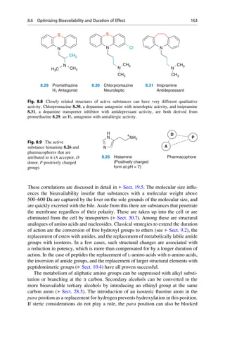 These correlations are discussed in detail in ▶ Sect. 19.5. The molecular size influ-
ences the bioavailability insofar that substances with a molecular weight above
500–600 Da are captured by the liver on the sole grounds of the molecular size, and
are quickly excreted with the bile. Aside from this there are substances that penetrate
the membrane regardless of their polarity. These are taken up into the cell or are
eliminated from the cell by transporters (▶ Sect. 30.7). Among these are structural
analogues of amino acids and nucleosides. Classical strategies to extend the duration
of action are the conversion of free hydroxyl groups to ethers (see ▶ Sect. 9.2), the
replacement of esters with amides, and the replacement of metabolically labile amide
groups with isosteres. In a few cases, such structural changes are associated with
a reduction in potency, which is more than compensated for by a longer duration of
action. In the case of peptides the replacement of L-amino acids with D-amino acids,
the inversion of amide groups, and the replacement of larger structural elements with
peptidomimetic groups (▶ Sect. 10.4) have all proven successful.
The metabolism of aliphatic amino groups can be suppressed with alkyl substi-
tution or branching at the a carbon. Secondary alcohols can be converted to the
more bioavailable tertiary alcohols by introducing an ethinyl group at the same
carbon atom (▶ Sect. 28.5). The introduction of an isosteric fluorine atom in the
para position as a replacement for hydrogen prevents hydroxylation in this position.
If steric considerations do not play a role, the para position can also be blocked
N
N
NH3
+ D
A
P
H
8.26 Histamine
(Positively charged
form at pH = 7)
Pharmacophore
Fig. 8.9 The active
substance histamine 8.26 and
pharmacophores that are
attributed to it (A acceptor, D
donor, P positively charged
group).
S S
N
S
CH3
N Cl N
N
H3C CH3
CH3
CH3
CH3
CH3
N N
8.29 Promethazine
H1 Antagonist
8.30 Chlorpromazine
Neuroleptic
8.31 Imipramine
Antidepressant
Fig. 8.8 Closely related structures of active substances can have very different qualitative
activity. Chlorpromazine 8.30, a dopamine antagonist with neuroleptic activity, and imipramine
8.31, a dopamine transporter inhibitor with antidepressant activity, are both derived from
promethazine 8.29, an H1 antagonist with antiallergic activity.
8.6 Optimizing Bioavailability and Duration of Effect 163
 