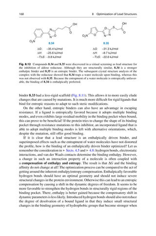 binder 8.33 had a less-rigid scaffold (Fig. 8.11). This allows it to more easily elude
changes that are caused by mutations. It is much more difficult for rigid ligands that
bind for entropic reasons to adapt to such steric modifications.
On the other hand, entropic binders can also have an advantage in escaping
resistance. If a ligand is entropically favored because it adopts multiple binding
modes, and even exhibits large residual mobility in the binding pocket when bound,
this can prove to be beneficial! If the protein tries to change the shape of its binding
pocket through resistance mutations to this inhibitor, an incorporated ligand that is
able to adopt multiple binding modes is left with alternative orientations, which,
despite the mutation, still offer good binding.
If it is clear that a lead structure is an enthalpically driven binder, and
superimposed effects such as the entrapment of water molecules have not distorted
the profile, how is the binding of an enthalpically driven binder optimized? Let us
remember the consideration in ▶ Sects. 4.5 and ▶ 4.8: hydrogen bonds, electrostatic
interactions, and van der Waals contacts determine the binding enthalpy. However,
a change in such an interaction property of a molecule is often coupled with
a compensation of enthalpy and entropy. The result is that DG and the binding
affinity do not change at all! The optimization process can be compared to the act of
getting around the inherent enthalpy/entropy compensation. Enthalpically favorable
hydrogen bonds should have an optimal geometry and should not induce severe
structural changes in the protein environment. Otherwise this can lead to an entropic
compensation by causing a shift in the dynamic degrees of freedom. It seems to be
more favorable to strengthen the hydrogen bonds in structurally rigid regions of the
binding pocket. There, enthalpy is better gained because the compensatory shift in
dynamic parameters is less likely. Introduced hydrogen bonds should also not reduce
the degree of desolvation of a bound ligand in that they induce small structural
changes in the binding geometry of hydrophobic groups that become stronger when
OH
O S
OH
O
N N
O S
O
O
N
O
N
O2N
O2N
8.34 8.35
ΔG: −35.4 kJ/mol
ΔH: −25.6 kJ/mol
−TΔS: −9.8 kJ/mol
ΔG: −31.3 kJ/mol
ΔH: −8.7 kJ/mol
−TΔS: −22.6 kJ/mol
Fig. 8.12 Compounds 8.34 and 8.35 were discovered in a virtual screening as lead structure for
the inhibition of aldose reductase. Although they are structurally similar, 8.34 is a stronger
enthalpic binder and 8.35 is an entropic binder. The subsequent crystal structure analysis of the
complex with the reductase showed that 8.34 traps a water molecule upon binding, whereas this
was not observed with 8.35. Because the entrapment of a water molecule is entropically unfavor-
able, the binding of 8.34 is enthalpically preferred.
168 8 Optimization of Lead Structures
 