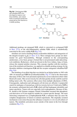 Additional prodrugs are proguanil 9.22, which is converted to cycloguanil 9.23
(▶ Sect. 27.2), or the anti-inflammatory sulindac 9.24, which is metabolically
converted to the active sulfide 9.25 (Fig. 9.5).
Amidines are used as building blocks in thrombin inhibitors and antagonists of
the integrin receptor aIIbb3 (▶ Sect. 31.2). These strongly basic groups are detri-
mental for good bioavailability. Through oxidation to the corresponding
amidoximes, a less-basic group is formed that is not protonated under physiolog-
ical conditions. Reductases, which are present in the liver, kidney, lung, or brain,
release the original amidine structure. This concept, together with the esterifica-
tion of the terminal acid function, was applied in a double-prodrug strategy for the
thrombin inhibitor ximelagatran 9.26 and the receptor antagonist sibrafiban 9.27
(Fig. 9.6).
The bombing of an allied ship that was docked in an Italian harbor in 1943 with
100 t of mustard gas 9.28 (bis-b-chlorethylsulfide, Fig. 9.7) led to the observation
that many of those who were poisoned experienced a severe reduction in their white
blood cell counts. This severe toxicity for cells that quickly divide could be used for
killing tumor cells. The cytotoxic effect arises from multiple alkylations of DNA.
Consequently, replication and subsequent cell devision are affected. A purposeful
search for analogues of mustard gas with less toxicity led over N-derivative 9.29 to
the aromatic-substituted derivative 9.30, which still had inadequate tolerability and
tumor specificity. Tumor cells are especially rich in phosphatases. Because of this,
H. Arnold at the German company Chemie Gr€
unenthal reasoned that phosphoric
acid derivatives of N-lost might be suitable for a tumor-specific therapy. The most
interesting compound was cyclophosphamide 9.31, a substance that can cause the
complete disappearance of tumors in animal experiments. The originally assumed
mechanism is not correct because the substance is inactive in vitro in cell cultures of
tumors. The metabolic activation occurs outside of the tumor in the liver through
oxidation (Fig. 9.7).
O
N
H
O O
N
N
N
H
EtO
NOH
NH2
NH2
O
Ximelagatran
9.26
O
N
N
O
EtO
H
O NOH
Sibrafiban
9.27
Fig. 9.6 Ximelagatran 9.26
and sibrafiban 9.27 were
developed to improve oral
bioavailability, and contain
both an uncharged amidoxime
group and an ester function as
a double prodrug.
180 9 Designing Prodrugs
 