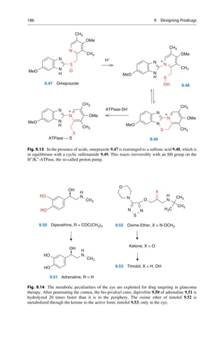 CH3
OMe
N
N
S
N
CH3
N
N
N
CH3
OMe
CH3
+
H+
O
N
S
OH
9.47 Omeprazole 9.48
MeO
MeO
H
H
N
N
CH3
OMe
N
N
N
CH3
CH3
OMe +
ATPase-SH
+
N
S CH3
N
S
S
ATPase 9.49
MeO
MeO
H
Fig. 9.13 In the presence of acids, omeprazole 9.47 is rearranged to a sulfenic acid 9.48, which is
in equilibrium with a cyclic sulfenamide 9.49. This reacts irreversibly with an SH group on the
H+
/K+
-ATPase, the so-called proton pump.
OH
N
H
CH3
N
N
N
O
O N
X
CH3
CH3
RO H
S
N
N H3C
9.50 Dipevefrine, R = COC(CH3)3 9.52 Oxime Ether, X = N-OCH3
RO
OH
Ketone, X = O
N
H
CH3
HO
HO 9.53 Timolol, X = H, OH
9.51 Adrenaline, R = H
Fig. 9.14 The metabolic peculiarities of the eye are exploited for drug targeting in glaucoma
therapy. After penetrating the cornea, the bis-pivaloyl ester, dipivefrin 9.50 of adrenaline 9.51 is
hydrolyzed 20 times faster than it is in the periphery. The oxime ether of timolol 9.52 is
metabolized through the ketone to the active form, timolol 9.53, only in the eye.
186 9 Designing Prodrugs
 