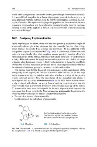 with L and D configurations can also be used to generate high combinatorial diversity.
It is very difficult to cyclize these linear oligopeptides to the desired macrocycle by
using chemical-synthetic methods. Here the nonribosomal peptide synthetic machin-
ery is of service. The synthetically prepared peptides are then funneled into the
enzymatic process chain and the cyclization domain from the bacteria catalyzes
the ring closure of the peptide: a perfect symbiosis between synthetic chemistry
and enzyme biology!
10.2 Designing Peptidomimetics
In the beginning of the 1980s, there was only one generally accepted example for
a low-molecular-weight active substance that takes over the function of an endog-
enous peptide: the opiate. It is assumed that morphine 10.1 is a mimetic of the
endogenous peptide b-endorphine 10.2 (Fig. 10.3). A comparison of both structures
makes it immediately clear that morphine cannot possibly simulate all of the
functional groups of the peptide. Obviously not all are necessary for the biological
activity. This underscores the suspicion that other peptides also bind to receptors
with only a few functional groups. If this hypothesis is true, it should be possible to
identify the essential functional groups and find a small organic molecule that has
the necessary functional groups in the correct relative orientation.
The starting point for the design of peptidomimetics is the identification of the
biologically active peptide, the function of which is to be imitated. In the first step,
single amino acids are excluded to determine whether a portion of the peptide
retains sufficient activity. Next the importance of the individual side chains is
investigated. In a so-called alanine scan (Sect. 10.7), each amino acid is succes-
sively replaced with alanine. A severe loss of activity is an indication that the
removed side chain is important. Until now only peptides made up of the natural
20 amino acids have been investigated. In the next step structural elements are
introduced that do not occur in the 20 proteinogenic amino acids. In principle, the
following are possibilities for peptide structure modification:
• The use of D- instead of L-amino acids.
• Modifications of the side chain of amino acids.
Tyr-Gly-Gly-Phe-Met-Thr-Ser-Glu-Lys-Ser-
Gln-Thr-Pro-Leu-Val-Thr-Leu-Phe-Lys-Asn-
Ala-Ile-Ile-Lys-Asn-Ala-Tyr-Lys-Lys-Gly-Glu
HO
H
H
O
HO
N CH3
H
Morphine 10.2
10.1 b-Endorphine
Fig. 10.3 Morphine 10.1 is a peptidomimetic for the endogenous peptide b-endorphine 10.2 and
the enkephalins (▶ Sect. 1.4). It binds as an agonist to the opiate receptor.
192 10 Peptidomimetics
 