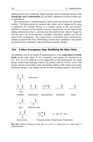binding pocket more completely. Rigid analogues lead to improved binding if the
biologically active conformation, the one that is adopted in or at the receptor site,
is immobilized.
The introduction of nonproteinogenic amino acids can increase the metabolic
stability. The hydroxylation of aromatic side chains can be suppressed by using
a substituent, for example fluorine or a methoxy group, in the para position.
Stability to cleavage by the digestive enzyme chymotrypsin can be improved by
adding substituents to the Cb atom because the modified side chain no longer fits
into the active site of this protease. A peptide’s proteolytic stability can also be
improved by exchanging L- for D-amino acids. As described above, bacteria have
already recognized this trick. Distributing D-amino acids randomly in the peptide
can furnish active substances with astonishing metabolic stability.
10.4 A More Courageous Step: Modifying the Main Chain
An important step in the design of peptidomimetics is the replacement of amide
bonds in the main chain. A few commonly used groups are summarized in
Fig. 10.5. It can be difficult or even impossible to find replacements for amide
groups, which make hydrogen bonds to the protein with the C═O as well as NH
groups, that do not decidedly reduce the binding affinity. If the amides only bridge
functional groups to one another and do not form hydrogen bonds to the protein,
N
O R
Amide bond
N
O R
O H OH R R R
R
H
N
CH3
N
R
O
R
H
X
O OH R
N
R
N-Methyl- Ketomethylen- Hydroxyethylen- (E)-Ethylen- Carba-
Ether Reduced Amide
H
H
X = -NH-, -O-, -CH2-
Phosphonamides, Phosphonates, Phosphinates
Retro-inverso
P
X
N
O
Fig. 10.5 Different functional groups that can serve as a replacement for amide bonds in
peptidomimetics.
194 10 Peptidomimetics
 