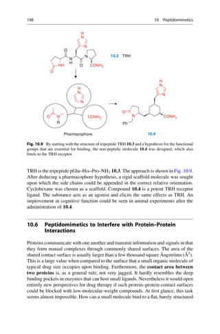 TRH is the tripeptide pGlu–His–Pro–NH2 10.3. The approach is shown in Fig. 10.9.
After deducing a pharmacophore hypothesis, a rigid scaffold molecule was sought
upon which the side chains could be appended in the correct relative orientation.
Cyclohexane was chosen as a scaffold. Compound 10.4 is a potent TRH receptor
ligand. The substance acts as an agonist and elicits the same effects as TRH. An
improvement in cognitive function could be seen in animal experiments after the
administration of 10.4.
10.6 Peptidomimetics to Interfere with Protein–Protein
Interactions
Proteins communicate with one another and transmit information and signals in that
they form mutual complexes through commonly shared surfaces. The area of the
shared contact surface is usually larger than a few thousand square Ångströms (Å2
).
This is a large value when compared to the surface that a small organic molecule of
typical drug size occupies upon binding. Furthermore, the contact area between
two proteins is, as a general rule, not very jagged. It hardly resembles the deep
binding pockets in enzymes that can host small ligands. Nevertheless it would open
entirely new perspectives for drug therapy if such protein–protein contact surfaces
could be blocked with low-molecular-weight compounds. At first glance, this task
seems almost impossible. How can a small molecule bind to a flat, barely structured
O
N
N
H
N
O CONH2
N
NH
O
10.3 TRH
H
N
N
N
H
H
N
N
O
CONH2
O N
R
CONH2
N
Ph
Pharmacophore 10.4
Fig. 10.9 By starting with the structure of tripeptide TRH 10.3 and a hypothesis for the functional
groups that are essential for binding, the non-peptidic molecule 10.4 was designed, which also
binds to the TRH receptor.
198 10 Peptidomimetics
 