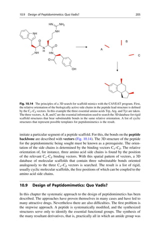 imitate a particular segment of a peptide scaffold. For this, the bonds on the peptide
backbone are described with vectors (Fig. 10.14). The 3D structure of the peptide
for the peptidomimetic being sought must be known as a prerequisite. The orien-
tation of the side chains is determined by the binding vectors Ca–Cb. The relative
orientation of, for instance, three amino acid side chains is found by the position
of the relevant Ca–Cb binding vectors. With this spatial pattern of vectors, a 3D
database of molecular scaffolds that contain three substitutable bonds oriented
analogously to the three Ca–Cb vectors is searched. The result is a list of rigid,
usually cyclic molecular scaffolds, the free positions of which can be coupled to the
amino acid side chains.
10.9 Design of Peptidomimetics: Quo Vadis?
In this chapter the systematic approach to the design of peptidomimetics has been
described. The approaches have proven themselves in many cases and have led to
many attractive drugs. Nevertheless there are also difficulties. The first problem is
the stepwise approach. A peptide is systematically modified, and the synthesized
structures serve only to identify the essential functional groups. The synthesis of
the many resultant derivatives, that is, practically all in which an amide group was
NH
NH
NH2
HN
A
B
NH
N
HN
O
O
H
C
O
OH
Fig. 10.14 The principles of a 3D search for scaffold mimics with the CAVEAT program. First,
the relative orientation of the biologically active side chains in the peptide lead structure is defined
by the Ca–Cb vectors. In this example the three essential amino acids Trp, Arg, and Tyr are taken.
The three vectors, A, B, and C are the essential information used to search the 3D database for rigid
scaffold structures that bear substitutable bonds in the same relative orientation. A list of cyclic
structures that represent possible templates for peptidomimetics is the result.
10.9 Design of Peptidomimetics: Quo Vadis? 205
 