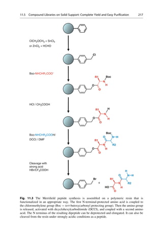 Cl
O
O
N
H
Boc
R1
O
H
R1
O
O
N
H
Boc
O
O
N
H
R1
O
R2
N H
R1
O N H
H
Br
HO
O
N
H
R2
+
ClCH2OCH3 + SnCl4
or ZnCl2 + HCHO
Boc-NHCHR1COO−
HCl / CH3COOH
Boc-NHCHR2COOH/
DCCI / DMF
Cleavage with
strong acid
HBr/CF3COOH
Fig. 11.3 The Merrifield peptide synthesis is assembled on a polymeric resin that is
functionalized in an appropriate way. The first N-terminal-protected amino acid is coupled to
the chloromethylene group (Boc ¼ tert-butoxycarbonyl protecting group). Then the amino group
is released, activated with dicyclohexylcarbodiimide (DCCI), and coupled with a second amino
acid. The N terminus of the resulting dipeptide can be deprotected and elongated. It can also be
cleaved from the resin under strongly acidic conditions as a peptide.
11.5 Compound Libraries on Solid Support: Complete Yield and Easy Purification 217
 