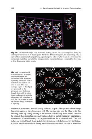 the branch, some must be additionally reflected. A pair of image and mirror-image
branches represent the elementary cell. The surface can now be filled with this
building block by simply shifting it. In addition to reflecting, basic motifs can also
be rotated. By using reflections and rotations, both so-called symmetry operations,
the contents of the elementary cell is generated from the asymmetric unit. This cell
is layered on itself in all three spatial directions in an orderly formed crystal lattice.
Even as a three-dimensional entity, the elementary cell must take on a particular
Fig. 13.2 In the most simple case, molecular packing, or unit cell, is accomplished purely by
shifting the molecule in all three spatial directions. The resulting unit, the elementary cell, is
derived from an irregularly angled body, a parallelepiped (above right, violet). If a point near the
molecule is picked out and all of the molecules in the crystal packing are connected by this point,
a three-dimensional lattice results.
Fig. 13.3 An area can be
covered not only by purely
shifting an object, the
asymmetric unit. Additional
symmetry operations such as
reflection and rotation can
also be used. This way
multiple copies of the object
are generated. In the
presented case, the flower
branch along with its mirror
image makes up the unit (the
elementary cell is outlined in
red) that can be used to cover
the surface simply by shifting
it regularly.
268 13 Experimental Methods of Structure Determination
 