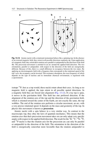 isotope 31
P. Just as a top would, these nuclei rotate about their axes. As long as no
magnetic field is applied, the tops orient in all possible spatial directions. In
a magnetic field they are forced into alignment (Fig. 13.12). If a toy top is spun,
it moves in the gravitation field. This field has one preferred direction. If the
alignment of the rotation axis of the top and the direction of the gravitation field,
which is oriented toward the center of the Earth, are not exactly the same, the top
wobbles. The end of the rotation axis performs a circular movement, an arc, with
a very precise rotational speed. It depends on the mass and geometry of the top. In
physics this movement is known as precession.
Atomic nuclei with a spin behave in a very similar way. In contrast to the
macroscopic top, they obey the laws of quantum mechanics. This means that the
rotation axes that their precession movement takes on can only adopt very specific
angles with respect to the applied field direction. The result for the 1
H, 13
C, 15
N, 19
F,
and 31
P nuclei is that the rotation axis for the precession arc can only be parallel
or antiparallel to the direction of the field. The orientation in the direction of the
field is energetically somewhat more favorable than the rotation antiparallel to
b
a
Fig. 13.12 Atomic nuclei with a rotational momentum behave like a spinning top. In the absence
of an external magnetic field, they orient in all possible directions randomly (a). Upon application
of a magnetic field, they orient their rotation axes parallel or antiparallel to the direction of the field
(b). The precession movement is oriented in an arc around the applied field direction. The two
orientations, parallel or antiparallel, with respect to the direction of the field are energetically
different. Because of this, there is a small difference in occupancy between the two states. By
applying an electromagnetic field with a frequency that corresponds to the rotational speed of the
top’s axis, the occupancy can be inverted. This resonance absorption, the exact frequency of which
depends on the type of nucleus and its immediate chemical environment, is registered with
a spectrometer.
13.7 Structures in Solution: The Resonance Experiment in NMR Spectroscopy 281
 