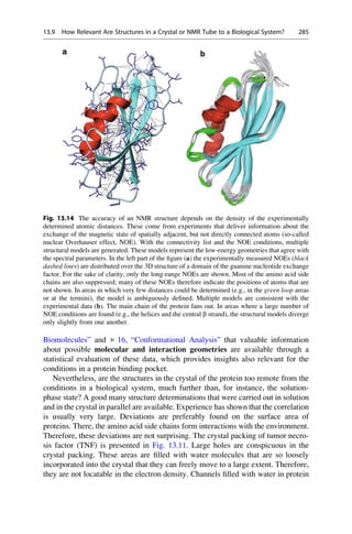 Biomolecules” and ▶ 16, “Conformational Analysis” that valuable information
about possible molecular and interaction geometries are available through a
statistical evaluation of these data, which provides insights also relevant for the
conditions in a protein binding pocket.
Nevertheless, are the structures in the crystal of the protein too remote from the
conditions in a biological system, much further than, for instance, the solution-
phase state? A good many structure determinations that were carried out in solution
and in the crystal in parallel are available. Experience has shown that the correlation
is usually very large. Deviations are preferably found on the surface area of
proteins. There, the amino acid side chains form interactions with the environment.
Therefore, these deviations are not surprising. The crystal packing of tumor necro-
sis factor (TNF) is presented in Fig. 13.11. Large holes are conspicuous in the
crystal packing. These areas are filled with water molecules that are so loosely
incorporated into the crystal that they can freely move to a large extent. Therefore,
they are not locatable in the electron density. Channels filled with water in protein
Fig. 13.14 The accuracy of an NMR structure depends on the density of the experimentally
determined atomic distances. These come from experiments that deliver information about the
exchange of the magnetic state of spatially adjacent, but not directly connected atoms (so-called
nuclear Overhauser effect, NOE). With the connectivity list and the NOE conditions, multiple
structural models are generated. These models represent the low-energy geometries that agree with
the spectral parameters. In the left part of the figure (a) the experimentally measured NOEs (black
dashed lines) are distributed over the 3D structure of a domain of the guanine nucleotide exchange
factor. For the sake of clarity, only the long-range NOEs are shown. Most of the amino acid side
chains are also suppressed; many of these NOEs therefore indicate the positions of atoms that are
not shown. In areas in which very few distances could be determined (e.g., in the green loop areas
or at the termini), the model is ambiguously defined. Multiple models are consistent with the
experimental data (b). The main chain of the protein fans out. In areas where a large number of
NOE conditions are found (e.g., the helices and the central b strand), the structural models diverge
only slightly from one another.
13.9 How Relevant Are Structures in a Crystal or NMR Tube to a Biological System? 285
 