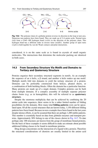 considered, it is on the same scale as is found in crystals of small organic
molecules. The interactions that determine the molecular packing are identical
in both cases.
14.3 From Secondary Structure Via Motifs and Domains to
Tertiary and Quaternary Structure
Proteins organize their secondary structural segments in motifs. As an example
the sequence of an a helix, a b strand, and another a helix makes up one motif.
Multiple motifs fold into domains to yield the tertiary structure of a protein.
Domains can be preferably constructed from helices, pleated sheets, or
a combination of both building blocks. Often the domain has a particular function.
Many proteins are made up of a single domain. Complex proteins can be built
from multiple domains. If a complex assembly of multiple separate polymer
chains forms (e.g. as in hemoglobin), this will be referred to as quaternary
structure.
Despite the enormous multiplicity that can be achieved by combining the 20
amino acids into sequences, there seems to be a rather limited number of folding
possibilities for the domains. How many total folding patterns exist can be specu-
lated upon. Of all the crystal structures that are known today, 1,150 different folding
patterns have been found. Because no new examples have been found in the last years
despite intense efforts, it can be assumed that there are perhaps 1,200 stabile patterns.
This number is essentially based on data from globular enzymes and transport pro-
teins. Approximately 30% belong to one of the classes shown in Fig. 14.7. To date
perhaps only 100 structures are known from the group of membrane-bound proteins.
On the basis of these examples it seems difficult to make an estimate about possible
additional folding classes to be found in membrane proteins.
Drug design concentrates on the interaction of a ligand with a protein. Therefore
the structural considerations of chemists are usually limited to the amino acid
COi – NHi+n Cαi – Cαi+n
NHi – COi+n
3–6 2–6 4–6 Amino acids
Fig. 14.6 The polymer chain of a globular protein reverses its direction in the loop or turn area.
Numerous turn patterns have been found. They are made up of 2–6 amino acids. Normal turns
(left) form a C═OHN hydrogen bond (violet) in the direction of the polymer chain. This
hydrogen bond has a different order in inverse turns (middle). Another group of open turns
(right) is held together by van der Waals contacts and polar interactions.
14.3 From Secondary to Tertiary and Quaternary Structure 297
 