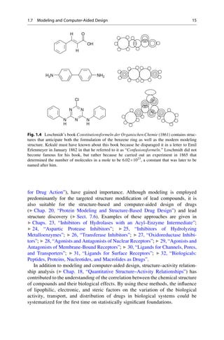 for Drug Action”), have gained importance. Although modeling is employed
predominantly for the targeted structure modification of lead compounds, it is
also suitable for the structure-based and computer-aided design of drugs
(▶ Chap. 20, “Protein Modeling and Structure-Based Drug Design”) and lead
structure discovery (▶ Sect. 7.6). Examples of these approaches are given in
▶ Chaps. 23, “Inhibitors of Hydrolases with an Acyl–Enzyme Intermediate”;
▶ 24, “Aspartic Protease Inhibitors”; ▶ 25, “Inhibitors of Hydrolyzing
Metalloenzymes”; ▶ 26, “Transferase Inhibitors”; ▶ 27, “Oxidoreductase Inhibi-
tors”; ▶ 28, “Agonists and Antagonists of Nuclear Receptors”; ▶ 29, “Agonists and
Antagonists of Membrane-Bound Receptors”; ▶ 30, “Ligands for Channels, Pores,
and Transporters”; ▶ 31, “Ligands for Surface Receptors”; ▶ 32, “Biologicals:
Peptides, Proteins, Nucleotides, and Macrolides as Drugs”.
In addition to modeling and computer-aided design, structure–activity relation-
ship analysis (▶ Chap. 18, “Quantitative Structure–Activity Relationships”) has
contributed to the understanding of the correlation between the chemical structure
of compounds and their biological effects. By using these methods, the influence
of lipophilic, electronic, and steric factors on the variation of the biological
activity, transport, and distribution of drugs in biological systems could be
systematized for the first time on statistically significant foundations.
H
H
OH
O
H2N NH2
Cl
N N
N
N
N
H
H
Fig. 1.4 Loschmidt’s book Constitutionsformeln der Organischen Chemie (1861) contains struc-
tures that anticipate both the formulation of the benzene ring as well as the modern modeling
structure. Kekulé must have known about this book because he disparaged it in a letter to Emil
Erlenmeyer in January 1862 in that he referred to it as “Confusionsformeln.” Loschmidt did not
become famous for his book, but rather because he carried out an experiment in 1865 that
determined the number of molecules in a mole to be 6.021023
, a constant that was later to be
named after him.
1.7 Modeling and Computer-Aided Design 15
 