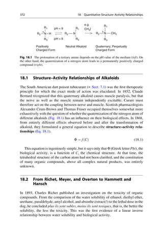 18.1 Structure–Activity Relationships of Alkaloids
The South American dart poison tubocurare (▶ Sect. 7.1) was the first therapeutic
principle for which the exact mode of action was elucidated. In 1852, Claude
Bernard recognized that this quaternary alkaloid causes muscle paralysis, but that
the nerve as well as the muscle remain independently excitable. Curare must
therefore act on the coupling between nerve and muscle. Scottish pharmacologists
Alexander Crum-Brown and Thomas Fraser occupied themselves somewhat more
exhaustively with the question of whether the quaternization of the nitrogen atom of
different alkaloids (Fig. 18.1) has an influence on their biological effects. In 1868,
from entirely different effects observed before and after the transformation of
alkaloid, they formulated a general equation to describe structure–activity rela-
tionships (Eq. 18.1).
F ¼ fðCÞ (18.1)
This equation is ingeniously simple, but it says only that F (Greek letter Phi), the
biological activity, is a function of C, the chemical structure. At that time, the
tetrahedral structure of the carbon atom had not been clarified, and the constitution
of many organic compounds, above all complex natural products, was entirely
unknown.
18.2 From Richet, Meyer, and Overton to Hammett and
Hansch
In 1893, Charles Richet published an investigation on the toxicity of organic
compounds. From the comparison of the water solubility of ethanol, diethyl ether,
urethane, paraldehyde, amyl alcohol, and absinthe extract(!) to the lethal dose in the
dog, he concluded plus ils sont subles, moins ils sont toxiques, that is, the better the
solubility, the less the toxicity. This was the first evidence of a linear inverse
relationship between water solubility and biological activity.
R2 N
R1
H
R3
R2 N
R1
R3
R2 N
R1
CH3
R3
pH  9
pH  9
+ +
Positively
Charged Form
Neutral Alkaloid Quaternary, Perpetually
Charged Form
e.g.
CH3I
Fig. 18.1 The protonation of a tertiary amine depends on the pH value of the medium (left). On
the other hand, the quaternization of a nitrogen atom leads to a permanently positively charged
compound (right).
372 18 Quantitative Structure–Activity Relationships
 