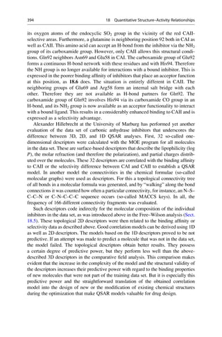 its oxygen atoms of the endocyclic SO2 group in the vicinity of the red CAII-
selective areas. Furthermore, a glutamine is neighboring position 92 both in CAI as
well as CAII. This amino acid can accept an H-bond from the inhibitor via the NH2
group of its carboxamide group. However, only CAII allows this structural condi-
tions. Gln92 neighbors Asn69 and Glu58 in CAI. The carboxamide group of Glu92
forms a continuous H-bond network with these residues and with His94. Therefore
the NH group is no longer available for interactions with a bound inhibitor. This is
expressed in the poorer binding affinity of inhibitors that place an acceptor function
at this position, as 18.6 does. The situation is entirely different in CAII. The
neighboring groups of Glu69 and Arg58 form an internal salt bridge with each
other. Therefore they are not available as H-bond partners for Gln92. The
carboxamide group of Gln92 involves His94 via its carboxamide CO group in an
H-bond, and its NH2 group is now available as an acceptor functionality to interact
with a bound ligand. This results in a considerably enhanced binding to CAII and is
expressed as a selectivity advantage.
Alexander Hillebrecht at the University of Marburg has performed yet another
evaluation of the data set of carbonic anhydrase inhibitors that underscores the
difference between 3D, 2D, and 1D QSAR analyses. First, 32 so-called one-
dimensional descriptors were calculated with the MOE program for all molecules
in the data set. These are surface-based descriptors that describe the lipophilicity (log
P), the molar refraction (and therefore the polarization), and partial charges distrib-
uted over the molecules. These 32 descriptors are correlated with the binding affinity
to CAII or the selectivity difference between CAI and CAII to establish a QSAR
model. In another model the connectivities in the chemical formulae (so-called
molecular graphs) were used as descriptors. For this a topological connectivity tree
of all bonds in a molecular formula was generated, and by “walking” along the bond
connections it was counted how often a particular connectivity, for instance, an N–S–
C–C–N or C–N–C–C–C sequence occurs (so-called MACCS keys). In all, the
frequency of 166 different connectivity fragments was evaluated.
Such descriptors code indirectly for the molecular composition of the individual
inhibitors in the data set, as was introduced above in the Free–Wilson analysis (Sect.
18.5). These topological 2D descriptors were then related to the binding affinity or
selectivity data as described above. Good correlation models can be derived using 1D
as well as 2D descriptors. The models based on the 1D descriptors proved to be not
predictive. If an attempt was made to predict a molecule that was not in the data set,
the model failed. The topological descriptors obtain better results. They possess
a certain degree of predictive power, but they perform less well than the above-
described 3D descriptors in the comparative field analysis. This comparison makes
evident that the increase in the complexity of the model and the structural validity of
the descriptors increases their predictive power with regard to the binding properties
of new molecules that were not part of the training data set. But it is especially this
predictive power and the straightforward translation of the obtained correlation
model into the design of new or the modification of existing chemical structures
during the optimization that make QSAR models valuable for drug design.
394 18 Quantitative Structure–Activity Relationships
 
