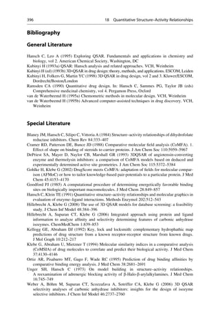 Bibliography
General Literature
Hansch C, Leo A (1995) Exploring QSAR. Fundamentals and applications in chemistry and
biology, vol 2. American Chemical Society, Washington, DC
Kubinyi H (1993a) QSAR: Hansch analysis and related approaches. VCH, Weinheim
Kubinyi H (ed) (1993b) 3D-QSAR in drug design: theory, methods, and applications. ESCOM, Leiden
Kubinyi H, Folkers G, Martin YC (1998) 3D QSAR in drug design, vol 2 and 3. Kluwer/ESCOM,
Dordrecht/Boston/London
Ramsden CA (1990) Quantitative drug design. In: Hansch C, Sammes PG, Taylor JB (eds)
Comprehensive medicinal chemistry, vol 4. Pergamon Press, Oxford
van de Waterbeemd H (1995a) Chemometric methods in molecular design. VCH, Weinheim
van de Waterbeemd H (1995b) Advanced computer-assisted techniques in drug discovery. VCH,
Weinheim
Special Literature
Blaney JM, Hansch C, Silipo C, Vittoria A (1984) Structure–activity relationships of dihydrofolate
reductase inhibitors. Chem Rev 84:333–407
Cramer RD, Patterson DE, Bunce JD (1988) Comparative molecular field analysis (CoMFA). 1.
Effect of shape on binding of steroids to carrier proteins. J Am Chem Soc 110:5959–5967
DePriest SA, Mayer D, Naylor CB, Marshall GR (1993) 3DQSAR of angiotensin-converting
enzyme and thermolysin inhibitors: a comparison of CoMFA models based on deduced and
experimentally determined active site geometries. J Am Chem Soc 115:5372–5384
Gohlke H, Klebe G (2002) DrugScore meets CoMFA: adaptation of fields for molecular compar-
ison (AFMoC) or how to tailor knowledge-based pair-potentials to a particular protein. J Med
Chem 45:4153–4170
Goodford PJ (1985) A computational procedure of determining energetically favorable binding
sites on biologically important macromolecules. J Med Chem 28:849–857
Hansch C, Klein TE (1991) Quantitative structure–activity relationships and molecular graphics in
evaluation of enzyme–ligand interactions. Methods Enzymol 202:512–543
Hillebrecht A, Klebe G (2008) The use of 3D QSAR models for database screening: a feasibility
study. J Chem Inf Model 48:384–396
Hillebrecht A, Supuran CT, Klebe G (2006) Integrated approach using protein and ligand
information to analyze affinity and selectivity determining features of carbonic anhydrase
isozymes. ChemMedChem 1:839–853
Kellogg GE, Abraham DJ (1992) Key, lock and locksmith: complementary hydrophathic map
predictions of drug structure from a known receptor-receptor structure from known drugs.
J Mol Graph 10:212–217
Klebe G, Abraham U, Mietzner T (1994) Molecular similarity indices in a comparative analysis
(CoMSIA) of drug molecules to correlate and predict their biological activity. J Med Chem
37:4130–4146
Ortiz AR, Pisabarro MT, Gago F, Wade RC (1995) Prediction of drug binding affinities by
comparative binding energy analysis. J Med Chem 38:2681–2691
Unger SH, Hansch C (1973) On model building in structure–activity relationships.
A reexamination of adrenergic blocking activity of b-Halo-b-arylalkylamines. J Med Chem
16:745–749
Weber A, Böhm M, Supuran CT, Scozzafava A, Sotriffer CA, Klebe G (2006) 3D QSAR
selectivity analyses of carbonic anhydrase inhibitors: insights for the design of isozyme
selective inhibitors. J Chem Inf Model 46:2737–2760
396 18 Quantitative Structure–Activity Relationships
 