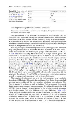 And the pharmacologist Gustav Kuschinski formulated:
Whenever it is proclaimed that a substance has no side effects, the urgent suspicion ensues
that there is also no main effect.
The determination of the acute toxicity in multiple animal species, and the
determination of the chronic toxicity in at least two animal species is routine before
entry into clinical trials, phase I, which is tolerability testing on healthy volunteers.
It is considered to be standard that the species for the chronic toxicity investigations
should be selected according to which animal species displays the most similarity to
humans in their pharmacokinetics and metabolism.
Cats and guinea pigs react extremely sensitively to cardiac glycosides. Therefore
they were previously used as models for the effect on humans. Rats react consid-
erably less sensitively. The hallucinogen lysergic acid diethylamide (LSD 2.21,
▶ Sect. 2.5) shows decidedly different toxicity in multiple animal species. An
experiment to test the hallucinogenic effects of LSD on an elephant led to
a disaster. A hallucinogenic, but non-toxic dose was desired. Despite carefully
estimating this dose, the elephant died within minutes after 0.3 g of LSD
(corresponding to 0.06 mg/kg) was administered. Relative to the mouse, which is
relatively insensitive (Table 19.6), the elephant reacted at least 1,000 times more
sensitively. This experiment was not repeated! The discoverer of LSD, Albert
Hofmann, took 0.25 mg of LSD in his first controlled self-experiment. With
about 0.0035 mg/kg he was significantly below the dose that cost the elephant its
life. Despite this, it can be assumed that LSD is less toxic for humans than it is for
elephants. Direct fatality through LSD is not known, only mortality that occurs as
a result of accidents or from suicide while in the psychotic state.
The toxicities of poisons that end up in our environment are very exactingly
investigated. Chlorinated dibenzodioxines and furans form during the uncontrolled
chemical decomposition of the corresponding substituted chlorophenols. The
Seveso accident is attributed to such an incident. Toxic chlorinated dioxins and
furans also occur during many burning processes. Tetrachlorodibenzodioxine 19.8
(TCCD, “Seveso dioxine”) belongs to one of the best investigated substances
regarding its toxicity. Even here, different species react differently (Table 19.7).
Three orders of magnitude difference is found between the two relatively closely
related species of hamster and guinea pig. Accordingly, it is difficult to draw
conclusions about the toxicity in humans. If an extrapolation is made between
primates and humans, TCCS would be classified as relatively non-toxic. In con-
nection with humans, the definition of an acute LD50 is absolutely inappropriate.
Table 19.6 Acute toxicity of
lysergic acid diethyl amide
(LSD, 2.21, ▶ Sect. 2.5,
▶ Fig. 2.8) in different
species and in humans
(LD50 ¼ dose that was lethal
for 50% of the animals).
Species Toxicity; LD50 (in mg/kg)
Mouse 50–60
Rat 16.5
Rabbit 0.3
Elephant 0.06
Human 0.003
19.12 Toxicity and Adverse Effects 421
 