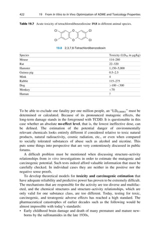 To be able to exclude one fatality per one million people, an “LD0.00001” must be
determined or calculated. Because of its pronounced mutagenic effects, the
long-term damage stands in the foreground with TCDD. It is questionable in this
case whether an absolute no-effect level, that is, the lowest ineffective dose, can
be defined. The estimation of the potential danger of environmentally
relevant chemicals looks entirely different if considered relative to toxic natural
products, natural radioactivity, cosmic radiation, etc., or even when compared
to socially tolerated substances of abuse such as alcohol and nicotine. This
puts some things into perspective that are very contentiously discussed in public
forums.
A difficult problem must be mentioned when discussing structure–activity
relationships from in vitro investigations in order to estimate the mutagenic and
carcinogenic potential. Such tests indeed afford valuable information that must be
carefully checked. In individual cases they are neither in the positive nor the
negative sense proofs.
To develop theoretical models for toxicity and carcinogenic estimation that
have adequate reliability and predictive power has proven to be extremely difficult.
The mechanisms that are responsible for the activity are too diverse and multifac-
eted, and the chemical structures and structure–activity relationships, which are
only valid for one substance class, are too different. Today, testing for toxic,
carcinogenic, and teratogenic adverse effects has reached a high standard. The
pharmaceutical catastrophes of earlier decades such as the following would be
almost impossible with today’s standards:
• Early childhood brain damage and death of many premature and mature new-
borns by the sulfonamides in the late 1930s,
Table 19.7 Acute toxicity of tetrachlorodibenzodioxine 19.8 in different animal species.
O
Cl Cl
O
Cl Cl
19.8 2,3,7,8-Tetrachlordibenzodioxin
Species Toxicity (LD50 in mg/kg)
Mouse 114–280
Rat 22–320
Hamster 1,150–5,000
Guinea pig 0.5–2.5
Mink 4
Rabbit 115–275
Dog 100 300
Monkey 70
Human ?
422 19 From In Vitro to In Vivo: Optimization of ADME and Toxicology Properties
 