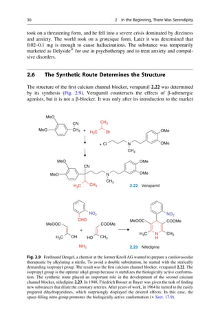 took on a threatening form, and he fell into a severe crisis dominated by dizziness
and anxiety. The world took on a grotesque form. Later it was determined that
0.02–0.1 mg is enough to cause hallucinations. The substance was temporarily
marketed as Delyside®
for use in psychotherapy and to treat anxiety and compul-
sive disorders.
2.6 The Synthetic Route Determines the Structure
The structure of the first calcium channel blocker, verapamil 2.22 was determined
by its synthesis (Fig. 2.9). Verapamil counteracts the effects of b-adrenergic
agonists, but it is not a b-blocker. It was only after its introduction to the market
CN CH3
CH3
MeO
+
N
CH3
OMe
OMe
OMe
OMe
Cl
CH2 H3C
H3C
Br
MeO +
+
CN
N
MeO
MeO
CH3
2.22 Verapamil
CHO
NO2
COOMe
NO2
COOMe
+
MeOOC
MeOOC
NH3
OH
H3C
H3C
HO CH3
CH3
N
H
+
2.23 Nifedipine
Fig. 2.9 Ferdinand Dengel, a chemist at the former Knoll AG wanted to prepare a cardiovascular
therapeutic by alkylating a nitrile. To avoid a double substitution, he started with the sterically
demanding isopropyl group. The result was the first calcium channel blocker, verapamil 2.22. The
isopropyl group is the optimal alkyl group because it stabilizes the biologically active conforma-
tion. The synthetic route played an important role in the development of the second calcium
channel blocker, nifedipine 2.23. In 1948, Friedrich Bosser at Bayer was given the task of finding
new substances that dilate the coronary arteries. After years of work, in 1964 he turned to the easily
prepared dihydropyridines, which surprisingly displayed the desired effects. In this case, the
space-filling nitro group promotes the biologically active conformation (▶ Sect. 17.9).
30 2 In the Beginning, There Was Serendipity
 