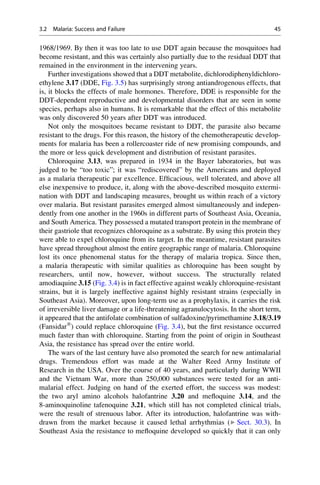 1968/1969. By then it was too late to use DDT again because the mosquitoes had
become resistant, and this was certainly also partially due to the residual DDT that
remained in the environment in the intervening years.
Further investigations showed that a DDT metabolite, dichlorodiphenyldichloro-
ethylene 3.17 (DDE, Fig. 3.5) has surprisingly strong antiandrogenous effects, that
is, it blocks the effects of male hormones. Therefore, DDE is responsible for the
DDT-dependent reproductive and developmental disorders that are seen in some
species, perhaps also in humans. It is remarkable that the effect of this metabolite
was only discovered 50 years after DDT was introduced.
Not only the mosquitoes became resistant to DDT, the parasite also became
resistant to the drugs. For this reason, the history of the chemotherapeutic develop-
ments for malaria has been a rollercoaster ride of new promising compounds, and
the more or less quick development and distribution of resistant parasites.
Chloroquine 3.13, was prepared in 1934 in the Bayer laboratories, but was
judged to be “too toxic”; it was “rediscovered” by the Americans and deployed
as a malaria therapeutic par excellence. Efficacious, well tolerated, and above all
else inexpensive to produce, it, along with the above-described mosquito extermi-
nation with DDT and landscaping measures, brought us within reach of a victory
over malaria. But resistant parasites emerged almost simultaneously and indepen-
dently from one another in the 1960s in different parts of Southeast Asia, Oceania,
and South America. They possessed a mutated transport protein in the membrane of
their gastriole that recognizes chloroquine as a substrate. By using this protein they
were able to expel chloroquine from its target. In the meantime, resistant parasites
have spread throughout almost the entire geographic range of malaria. Chloroquine
lost its once phenomenal status for the therapy of malaria tropica. Since then,
a malaria therapeutic with similar qualities as chloroquine has been sought by
researchers, until now, however, without success. The structurally related
amodiaquine 3.15 (Fig. 3.4) is in fact effective against weakly chloroquine-resistant
strains, but it is largely ineffective against highly resistant strains (especially in
Southeast Asia). Moreover, upon long-term use as a prophylaxis, it carries the risk
of irreversible liver damage or a life-threatening agranulocytosis. In the short term,
it appeared that the antifolate combination of sulfadoxine/pyrimethamine 3.18/3.19
(Fansidar®
) could replace chloroquine (Fig. 3.4), but the first resistance occurred
much faster than with chloroquine. Starting from the point of origin in Southeast
Asia, the resistance has spread over the entire world.
The wars of the last century have also promoted the search for new antimalarial
drugs. Tremendous effort was made at the Walter Reed Army Institute of
Research in the USA. Over the course of 40 years, and particularly during WWII
and the Vietnam War, more than 250,000 substances were tested for an anti-
malarial effect. Judging on hand of the exerted effort, the success was modest:
the two aryl amino alcohols halofantrine 3.20 and mefloquine 3.14, and the
8-aminoquinoline tafenoquine 3.21, which still has not completed clinical trials,
were the result of strenuous labor. After its introduction, halofantrine was with-
drawn from the market because it caused lethal arrhythmias (▶ Sect. 30.3). In
Southeast Asia the resistance to mefloquine developed so quickly that it can only
3.2 Malaria: Success and Failure 45
 