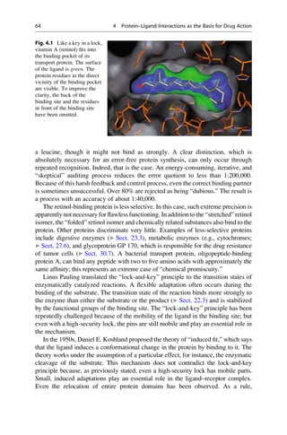 a leucine, though it might not bind as strongly. A clear distinction, which is
absolutely necessary for an error-free protein synthesis, can only occur through
repeated recognition. Indeed, that is the case. An energy-consuming, iterative, and
“skeptical” auditing process reduces the error quotient to less than 1:200,000.
Because of this harsh feedback and control process, even the correct binding partner
is sometimes unsuccessful. Over 80% are rejected as being “dubious.” The result is
a process with an accuracy of about 1:40,000.
The retinol-binding protein is less selective. In this case, such extreme precision is
apparently not necessary for flawless functioning. In addition to the “stretched” retinol
isomer, the “folded” retinol isomer and chemically related substances also bind to the
protein. Other proteins discriminate very little. Examples of less-selective proteins
include digestive enzymes (▶ Sect. 23.3), metabolic enzymes (e.g., cytochromes;
▶ Sect. 27.6), and glycoprotein GP 170, which is responsible for the drug resistance
of tumor cells (▶ Sect. 30.7). A bacterial transport protein, oligopeptide-binding
protein A, can bind any peptide with two to five amino acids with approximately the
same affinity; this represents an extreme case of “chemical promiscuity.”
Linus Pauling translated the “lock-and-key” principle to the transition states of
enzymatically catalyzed reactions. A flexible adaptation often occurs during the
binding of the substrate. The transition state of the reaction binds more strongly to
the enzyme than either the substrate or the product (▶ Sect. 22.3) and is stabilized
by the functional groups of the binding site. The “lock-and-key” principle has been
repeatedly challenged because of the mobility of the ligand in the binding site; but
even with a high-security lock, the pins are still mobile and play an essential role in
the mechanism.
In the 1950s, Daniel E. Koshland proposed the theory of “induced fit,” which says
that the ligand induces a conformational change in the protein by binding to it. The
theory works under the assumption of a particular effect, for instance, the enzymatic
cleavage of the substrate. This mechanism does not contradict the lock-and-key
principle because, as previously stated, even a high-security lock has mobile parts.
Small, induced adaptations play an essential role in the ligand–receptor complex.
Even the relocation of entire protein domains has been observed. As a rule,
Fig. 4.1 Like a key in a lock,
vitamin A (retinol) fits into
the binding pocket of its
transport protein. The surface
of the ligand is green. The
protein residues in the direct
vicinity of the binding pocket
are visible. To improve the
clarity, the back of the
binding site and the residues
in front of the binding site
have been omitted.
64 4 Protein–Ligand Interactions as the Basis for Drug Action
 