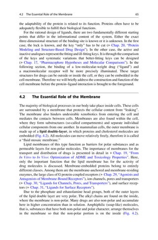 the adaptability of the protein is related to its function. Proteins often have to be
adequately flexible to fulfill their biological functions.
For the rational design of ligands, there are two fundamentally different starting
points that differ in the informational content of the system. Either the exact
three-dimensional structure of the binding site is known or it is unknown. In the first
case, the lock is known, and the key “only” has to be cut (▶ Chap. 20, “Protein
Modeling and Structure-Based Drug Design”). In the other case, the active and
inactive analogues represent the fitting and ill-fitting keys. It is through the comparison
of the keys and systematic variations that better-fitting keys can be designed
(▶ Chap. 17, “Pharmacophore Hypotheses and Molecular Comparisons”). In the
following section, the binding of a low-molecular-weight drug (“ligand”) and
a macromolecular receptor will be more precisely illuminated. These target
structures for drugs can be outside or inside the cell, or they can be embedded in the
cell membrane. Therefore we will briefly address the construction and function of the
cell membrane before the protein–ligand interaction is brought to the foreground.
4.2 The Essential Role of the Membrane
The majority of biological processes in our body take place inside cells. These cells
are surrounded by a membrane that protects the cellular content from “leaking”.
The membrane also hinders undesirable xenobiotics from entering the cell and
mediates the contacts between cells. Membranes are also found within the cell,
where they form substructures (so-called compartments) and separate individual
cellular components from one another. In mammalian cells, the outer membrane is
made up of a lipid double-layer, in which proteins and cholesterol molecules are
embedded (Fig. 4.2). All molecules can move relatively freely, therefore it is called
a “fluid mosaic membrane.”
Lipid membranes of this type function as barriers for polar substances and as
permeable layers for non-polar molecules. The importance of membranes for the
transport and distribution of drugs is presented in detail in ▶ Chap. 19, “From
In Vitro to In Vivo: Optimization of ADME and Toxicology Properties”. Here,
only the important function that the lipid membrane has for the activity of
drug molecules is discussed. Membrane-embedded proteins belong to entirely
different classes. Among them are the membrane-anchored and membrane-residing
enzymes, the large class of G protein-coupled receptors (▶ Chap. 29, “Agonists and
Antagonists of Membrane-Bound Receptors”), ion channels, pores and transporters
(▶ Chap. 30, “Ligands for Channels, Pores, and Transporters”), and surface recep-
tors (▶ Chap. 31, “Ligands for Surface Receptors”).
Due to the phosphate and ethanolamine head groups, both of the outer layers
of the lipid double layer are very polar. The alkyl chains are found on the inside,
where the membrane is non-polar. Many drugs are also non-polar and accumulate
here in higher concentration than in solution. Amphiphilic (soap-like) molecules,
that is, substances that have both non-polar and polar character, arrange themselves
in the membrane so that the non-polar portion is on the inside (Fig. 4.2).
4.2 The Essential Role of the Membrane 65
 