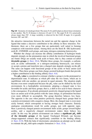 the attractive interactions between the metal ion and the opposite charge in the
ligand that makes a decisive contribution to the affinity in these structures. Fur-
thermore, there are a few groups that are particularly well suited to forming
complexes with transition metals. Among these are the thiols RSH, hydroxamic
acids RCONHOH, acid groups, and many nitrogen-containing heterocycles.
Whether the charge can increase the affinity contribution of hydrogen bonds
depends strongly on the protonation state in which the involved functional groups
are found. Drugs are usually weak acids or bases, that is, they contain so-called
titratable groups (▶ Sect. 19.4). Whether these groups, for example, a carbonic
acid, an acidic sulfonamide, or a nitrogen-containing heterocycle, can release
or accept a proton and transform into a charged state depends strongly on the pH.
The same can happen with functional groups of the acidic or basic amino acid
residues. Then these groups can form charge-assisted hydrogen bonds that provide
a higher contribution to the binding affinity (Sect. 4.8).
The pKa value is considered to estimate whether a group is in the protonated or
deprotonated state. It indicates at which pH value the two forms, which are in
equilibrium with one another, are present in equal amounts. The situation might
become even more complicated because the pKa value can be shifted by the local
environment. In a hydrophobic environment, adopting a charged state is less
favorable for acidic and basic groups, that is, a shift to less acid or basic character
is the consequence. If an already-protonated, positively charged group in the ligand
faces an amino acid of the protein with the same charge, its protonation becomes
even more difficult to accomplish. The group therefore behaves less basic.
The opposite is the case when putative positively charged basic groups bind in
a protein environment with a negative charge. Here, the charged state is even more
easily formed, which corresponds to having stronger basic character. Entirely
analogous considerations result for acidic groups, just with opposite signs.
Here a positively charged protein environment shifts acidic groups toward higher
acidity, and a negatively charged environment makes them behave less
acidic. In this way the protein environment can induce a significant pKa shift
of the titratable groups of the ligand. Uncharged H-bonds can become
charge-supported contacts that significantly contribute to the binding affinity
(▶ Sect. 21.9). With the help of electrostatic calculations an attempt can be made
to estimate the pKa shift upon complex formation (▶ Sect. 15.4).
N H O
N-H··O
C=O··H
Fig. 4.4 Geometry of a hydrogen bond. The atoms N, H, and O adopt an almost linear orientation
to one another. The N···O distance is between 2.8 and 3.2 Å. The angle N–H···O is practically
always larger than 150
. A large variability is observed for the C═O···H angle. It is typically
between 100
and 180
.
70 4 Protein–Ligand Interactions as the Basis for Drug Action
 