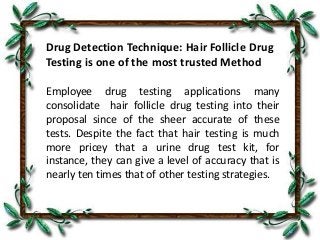 Drug Detection Technique: Hair Follicle Drug
Testing is one of the most trusted Method
Employee drug testing applications many
consolidate hair follicle drug testing into their
proposal since of the sheer accurate of these
tests. Despite the fact that hair testing is much
more pricey that a urine drug test kit, for
instance, they can give a level of accuracy that is
nearly ten times that of other testing strategies.

 