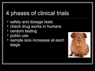 4 phases of clinical trials safety and dosage tests check drug works in humans random testing  public use sample size increases at each stage 