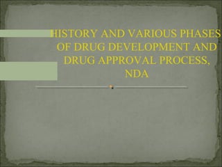 .
HISTORY AND VARIOUS PHASES
OF DRUG DEVELOPMENT AND
DRUG APPROVAL PROCESS,
NDA
03/22/15www.PharmInfopedia.com
 