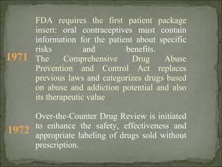 1971
FDA requires the first patient package
insert: oral contraceptives must contain
information for the patient about spe...