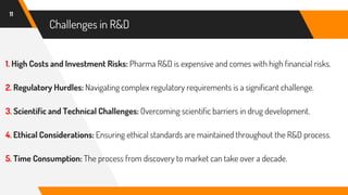 Challenges in R&D
1. High Costs and Investment Risks: Pharma R&D is expensive and comes with high financial risks.
2. Regulatory Hurdles: Navigating complex regulatory requirements is a significant challenge.
3. Scientific and Technical Challenges: Overcoming scientific barriers in drug development.
4. Ethical Considerations: Ensuring ethical standards are maintained throughout the R&D process.
5. Time Consumption: The process from discovery to market can take over a decade.
11
 