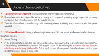 Stages in pharmaceutical R&D
12
▸ 1. Discovery and Development: Identifying a target and developing a potential drug.
❖ Researchers utilize techniques like virtual screening and compound screening assays to pinpoint promising
compounds that interact positively with the target molecule.
❖ These initial candidates proceed through a hit discovery process to identify lead compounds with therapeutic
potential.
▸ 2. Preclinical Research: Testing in a lab setting to determine if it’s safe to test lead compounds in humans.
This phase includes:
▸ Animal Testing
▸ In the preclinical phase, selected lead compounds undergo extensive testing in animal models to assess their
safety, efficacy, and therapeutic benefits. This stage is critical for determining the maximum tolerated dose and
establishing a preliminary safety profile. Only a small number of compounds typically advance past this stage
due to the rigorous nature of these tests.
 