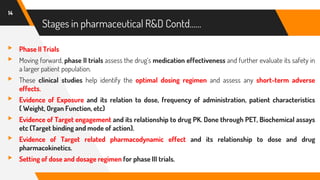 ▸ Phase II Trials
▸ Moving forward, phase II trials assess the drug’s medication effectiveness and further evaluate its safety in
a larger patient population.
▸ These clinical studies help identify the optimal dosing regimen and assess any short-term adverse
effects.
▸ Evidence of Exposure and its relation to dose, frequency of administration, patient characteristics
( Weight, Organ Function, etc)
▸ Evidence of Target engagement and its relationship to drug PK. Done through PET, Biochemical assays
etc (Target binding and mode of action).
▸ Evidence of Target related pharmacodynamic effect and its relationship to dose and drug
pharmacokinetics.
▸ Setting of dose and dosage regimen for phase III trials.
14
Stages in pharmaceutical R&D Contd……
 