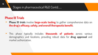 Phase III Trials
▸ Phase III trials involve large-scale testing to gather comprehensive data on
the drug’s efficacy, safety, and overall therapeutic benefit.
▸ This phase typically includes thousands of patients across various
demographics and locations, providing robust data for drug approval and
market authorization.
15
Stages in pharmaceutical R&D Contd……
 