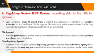 4. Regulatory Review (FDA Review: Submitting data to the FDA for
approval)
▸ Upon completing phase III clinical trials, a detailed drug application is submitted to regulatory
authorities such as the FDA or EMA for approval. This meticulous review process ensures that the drug
meets stringent safety and efficacy standards before it can be marketed.
FDA Approval
▸ The FDA approval process involves an exhaustive examination of the clinical data to ensure the drug’s safety
and efficacy for its intended use.
Other Regulatory Agencies
▸ In addition to the FDA, other significant regulatory agencies include the European Medicines Agency (EMA),
which oversee the drug approval process in their respective regions, ensuring global compliance and safety
standards.
16
Stages in pharmaceutical R&D Contd……
 