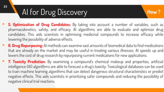 AI for Drug Discovery
23
How ?
▸ 5. Optimization of Drug Candidates: By taking into account a number of variables, such as
pharmacokinetics, safety, and efficacy, AI algorithms are able to evaluate and optimize drug
candidates. This aids scientists in optimising medicinal compounds to increase efficacy while
lowering the possibility of adverse effects.
▸ 6. Drug Repurposing: AI methods can examine vast amounts of biomedical data to find medications
that are already on the market and may be useful in treating various illnesses. AI speeds up and
lowers the cost of drug research by repurposing current medications for new applications.
▸ 7. Toxicity Prediction: By examining a compound's chemical makeup and properties, artificial
intelligence (AI) algorithms are able to forecast a drug's toxicity. Toxicological databases can be used
to train machine learning algorithms that can detect dangerous structural characteristics or predict
negative effects. This aids scientists in prioritizing safer compounds and reducing the possibility of
negative clinical trial reactions.
 