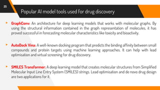 ▸ GraphConv: An architecture for deep learning models that works with molecular graphs. By
using the structural information contained in the graph representation of molecules, it has
proved successful in forecasting molecular characteristics like toxicity and bioactivity.
▸ AutoDock Vina: A well-known docking program that predicts the binding affinity between small
compounds and protein targets using machine learning approaches. It can help with lead
optimisation and virtual screening for drug discovery.
▸ SMILES Transformer: A deep learning model that creates molecular structures from Simplified
Molecular Input Line Entry System (SMILES) strings. Lead optimisation and de novo drug design
are two applications for it.
25
Popular AI model tools used for drug discovery
 