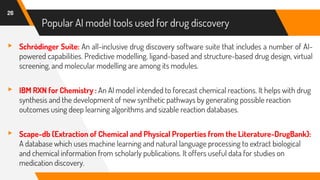 ▸ Schrödinger Suite: An all-inclusive drug discovery software suite that includes a number of AI-
powered capabilities. Predictive modelling, ligand-based and structure-based drug design, virtual
screening, and molecular modelling are among its modules.
▸ IBM RXN for Chemistry : An AI model intended to forecast chemical reactions. It helps with drug
synthesis and the development of new synthetic pathways by generating possible reaction
outcomes using deep learning algorithms and sizable reaction databases.
▸ Scape-db (Extraction of Chemical and Physical Properties from the Literature-DrugBank):
A database which uses machine learning and natural language processing to extract biological
and chemical information from scholarly publications. It offers useful data for studies on
medication discovery.
26
Popular AI model tools used for drug discovery
 