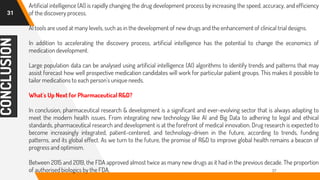 CONCLUSION
37
Artificial intelligence (AI) is rapidly changing the drug development process by increasing the speed, accuracy, and efficiency
of the discovery process.
AI tools are used at many levels, such as in the development of new drugs and the enhancement of clinical trial designs.
In addition to accelerating the discovery process, artificial intelligence has the potential to change the economics of
medication development.
Large population data can be analysed using artificial intelligence (AI) algorithms to identify trends and patterns that may
assist forecast how well prospective medication candidates will work for particular patient groups. This makes it possible to
tailor medications to each person's unique needs.
What's Up Next for Pharmaceutical R&D?
In conclusion, pharmaceutical research & development is a significant and ever-evolving sector that is always adapting to
meet the modern health issues. From integrating new technology like AI and Big Data to adhering to legal and ethical
standards, pharmaceutical research and development is at the forefront of medical innovation. Drug research is expected to
become increasingly integrated, patient-centered, and technology-driven in the future, according to trends, funding
patterns, and its global effect. As we turn to the future, the promise of R&D to improve global health remains a beacon of
progress and optimism.
Between 2015 and 2019, the FDA approved almost twice as many new drugs as it had in the previous decade. The proportion
of authorised biologics by the FDA.
31
 