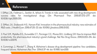 References
1. DiMasi J.A., Feldman L., Seckler A., Wilson A. Trends in risks associated with new drug development:
success rates for investigational drugs. Clin Pharmacol Ther. 2010;87:272–277. doi:
10.1038/clpt.2009.295.
2. DiMasi J.A., Grabowski H.G., Hansen R.W. Innovation in the pharmaceutical industry: new estimates of
R&D costs. J Health Econ. 2016;47:20–33. doi: 10.1016/j.jhealeco.2016.01.012.
3. Paul S.M., Mytelka D.S., Dunwiddie C.T., Persinger C.C., Munos B.H., Lindborg S.R. How to improve R&D
productivity: the pharmaceutical industry's grand challenge. Nat Rev Drug Discov. 2010;9:203–214. doi:
10.1038/nrd3078.
4. Cummings J., Morstof T., Zhong K. Alzheimer's disease drug development pipeline: few candidates,
frequent failures. Alzheimers Res Ther. 2014;6:37–44. doi: 10.1186/alzrt269.
31
 