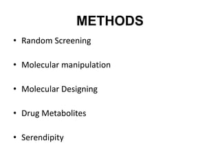 METHODS
• Random Screening
• Molecular manipulation
• Molecular Designing
• Drug Metabolites
• Serendipity
 